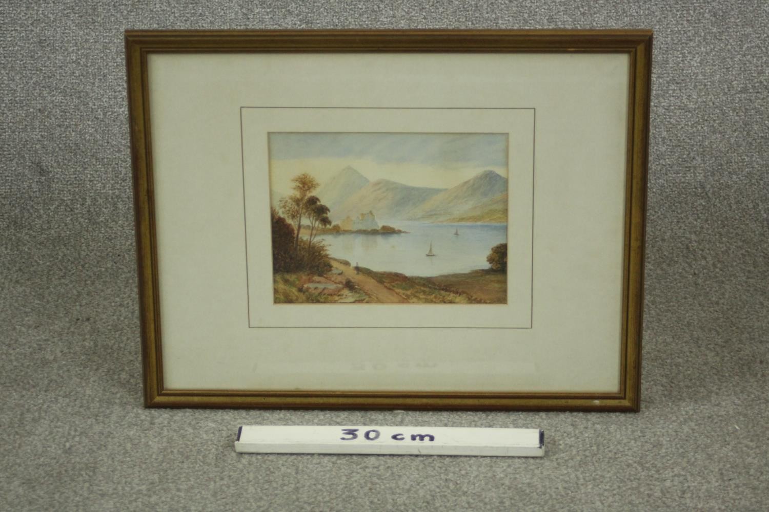 A framed and glazed 19th century watercolour of a lake scene with mountains in the distance, - Image 3 of 7