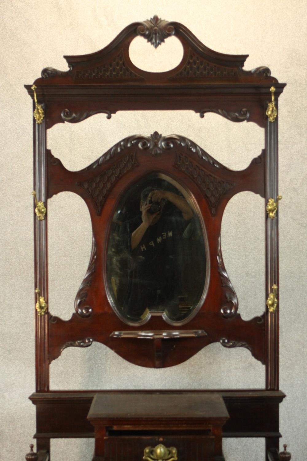 A late Victorian Chippendale style walnut hall stand, the scrolling pediment with blind fretwork - Image 9 of 11