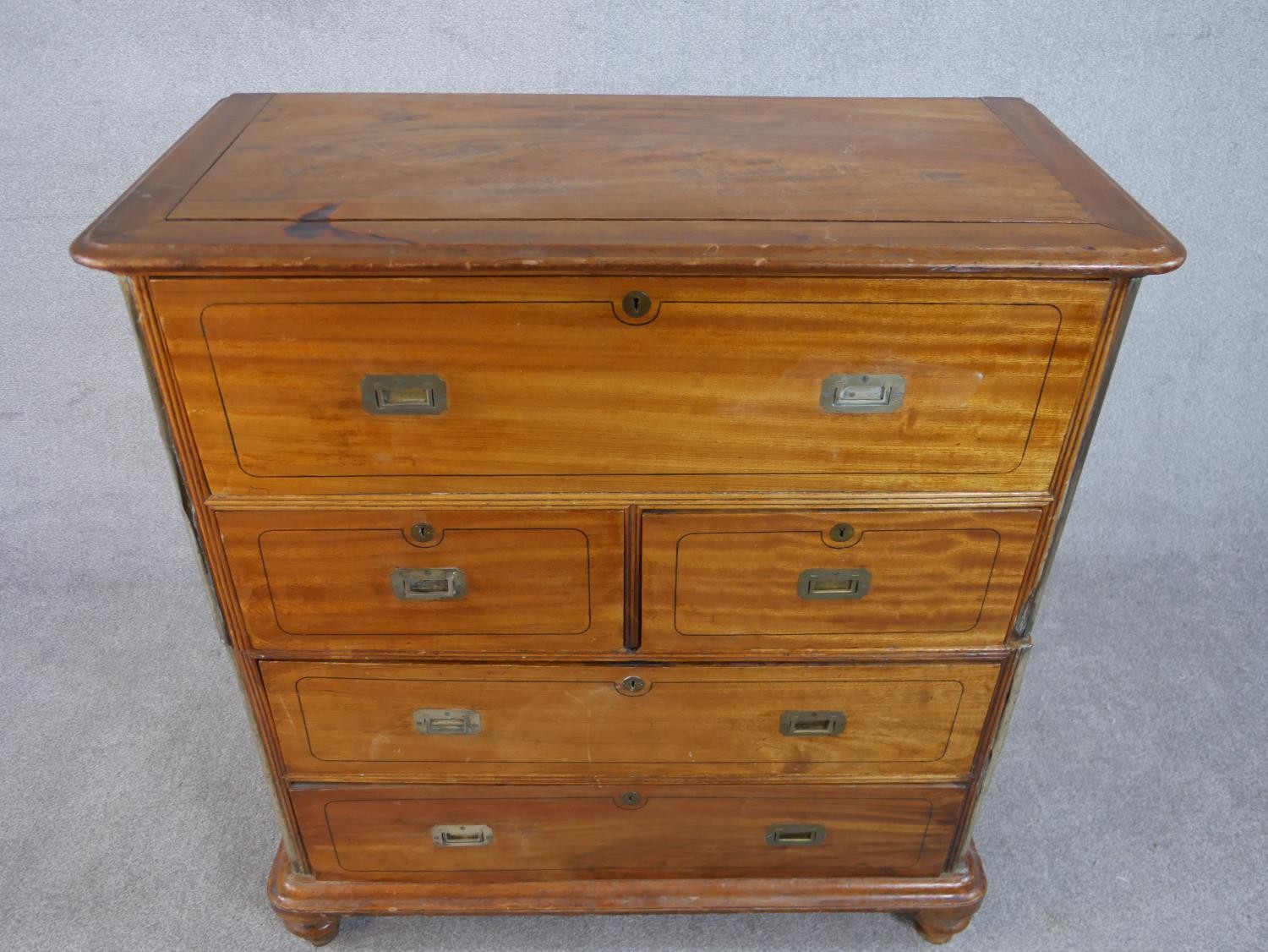 A 19th century camphorwood secretaire campaign chest, in two sections, with a secretaire drawer - Image 2 of 9