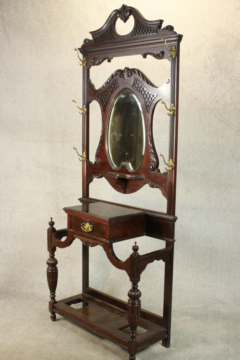 A late Victorian Chippendale style walnut hall stand, the scrolling pediment with blind fretwork - Image 10 of 11