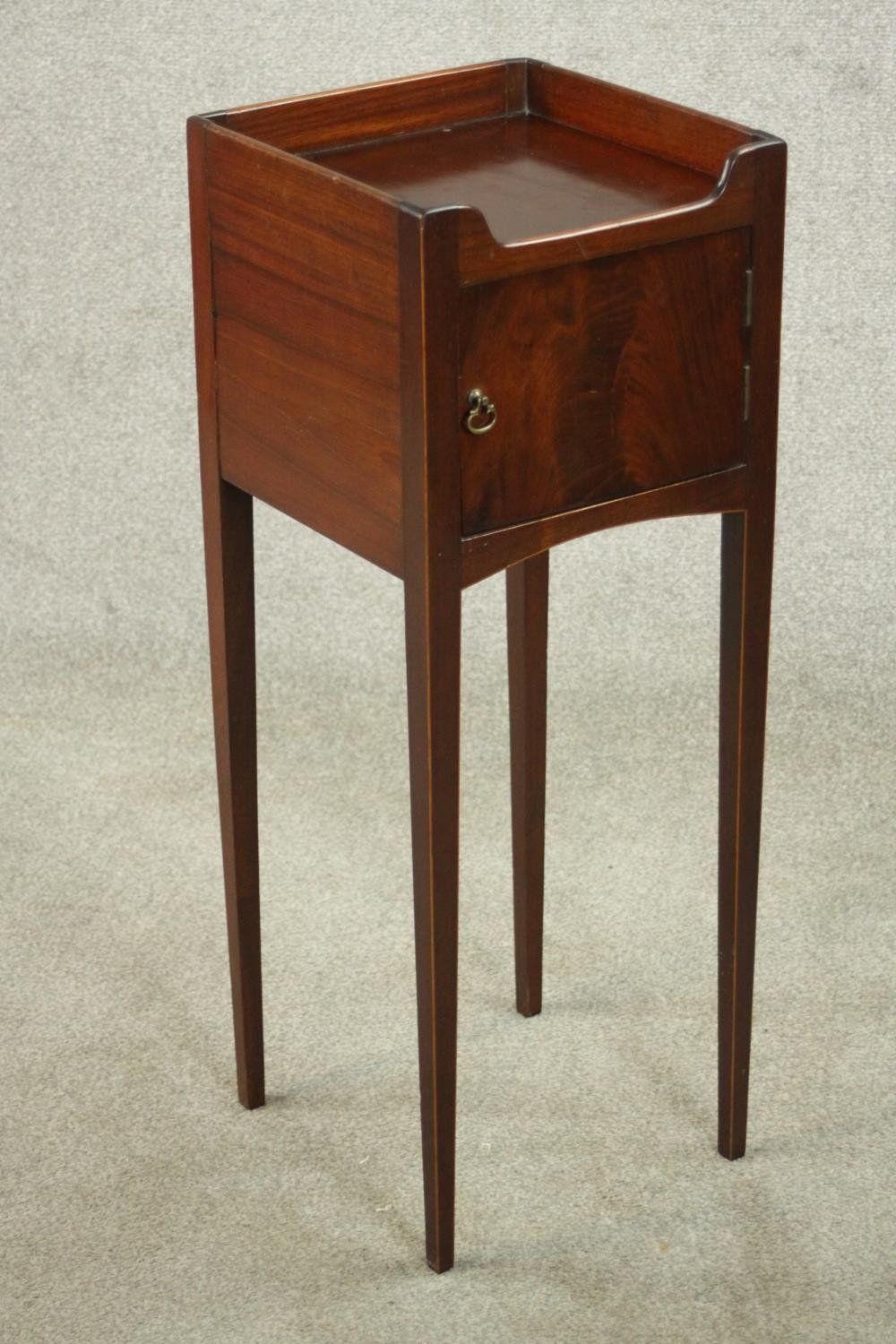 A 19th century mahogany night table, with a gallery top over a cupboard door, on slender tapering - Image 4 of 7