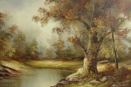 Irene Cafieri (Late 20th century school), Trees by a Body of Water, oil on canvas, signed lower