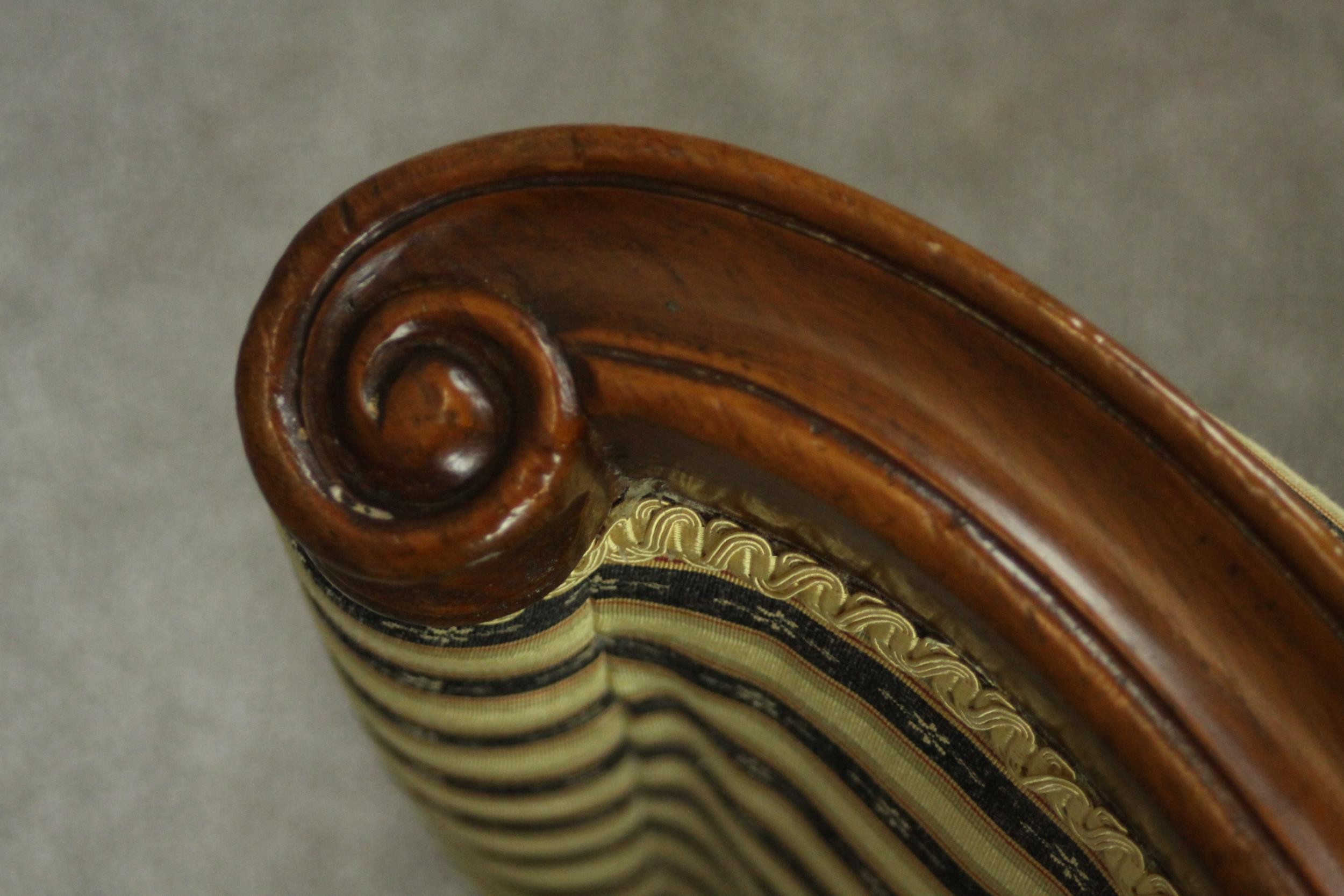 Two similar Victorian walnut slipper chairs, with striped upholstery, one with open arms, on - Image 19 of 21