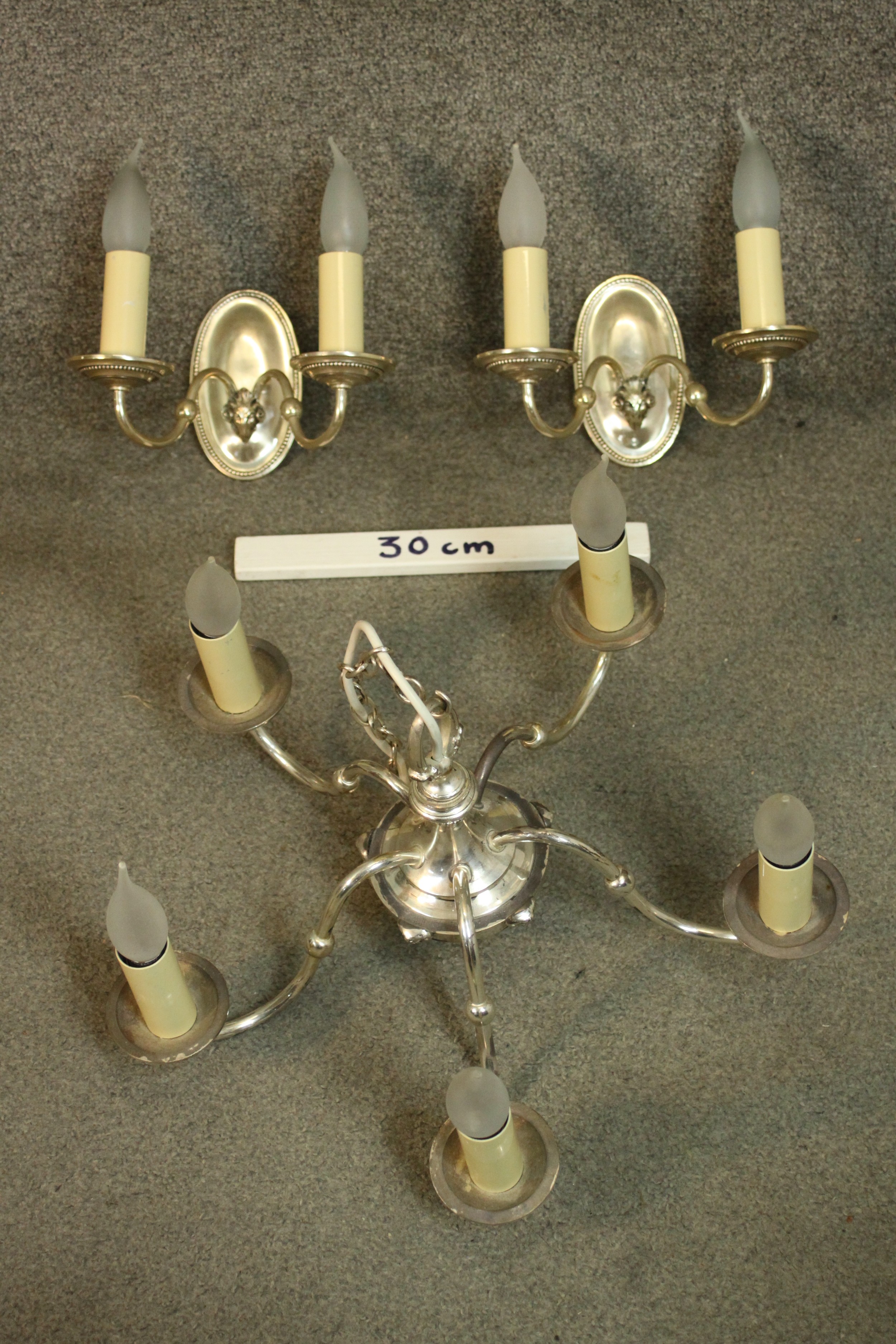 A 19th century style silver plated five branch chandelier and two matching two branch wall lights. - Image 2 of 10