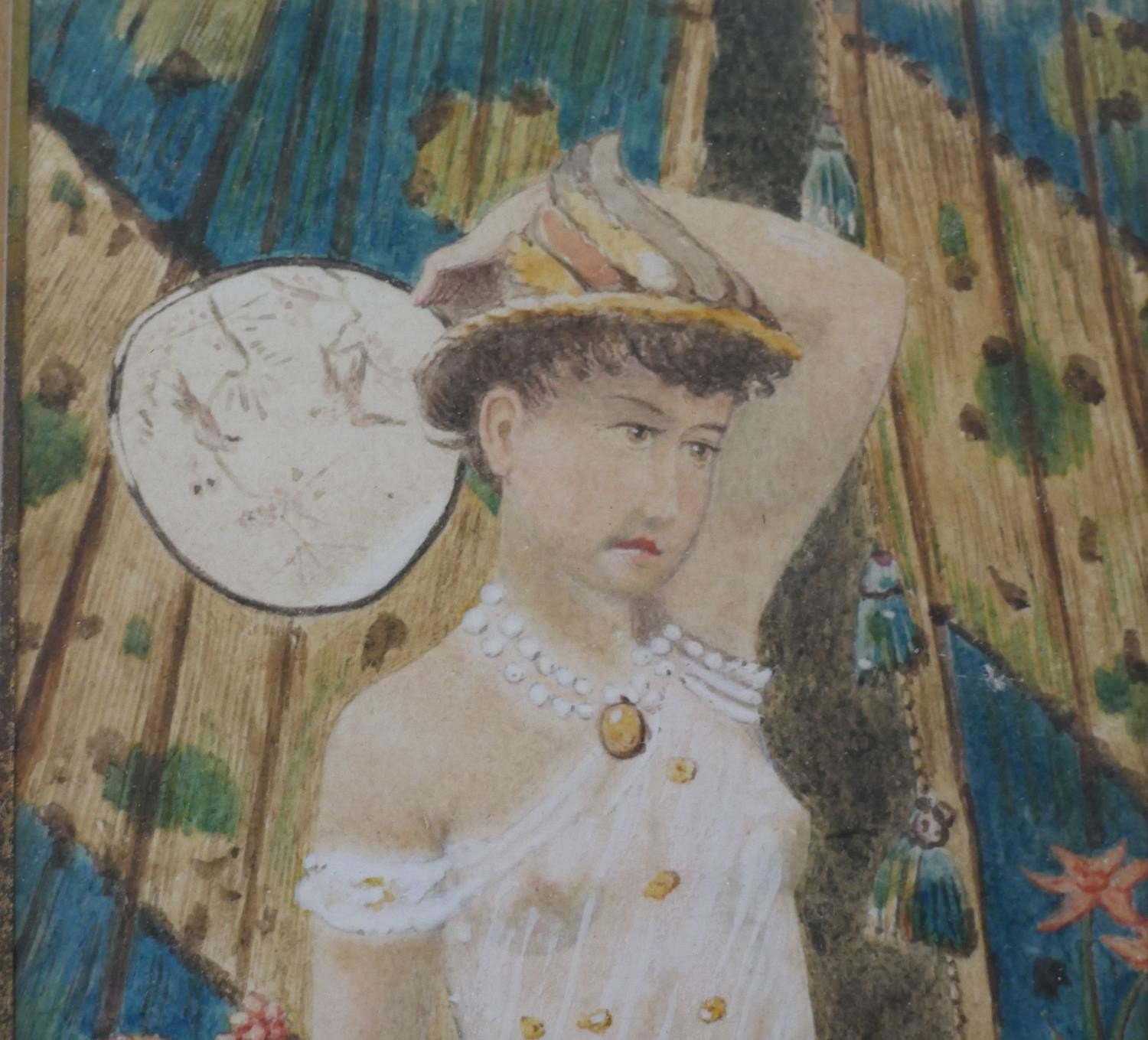 A framed and glazed watercolour of a female figure in white dress with tambourine, unsigned. H.36 - Image 4 of 4