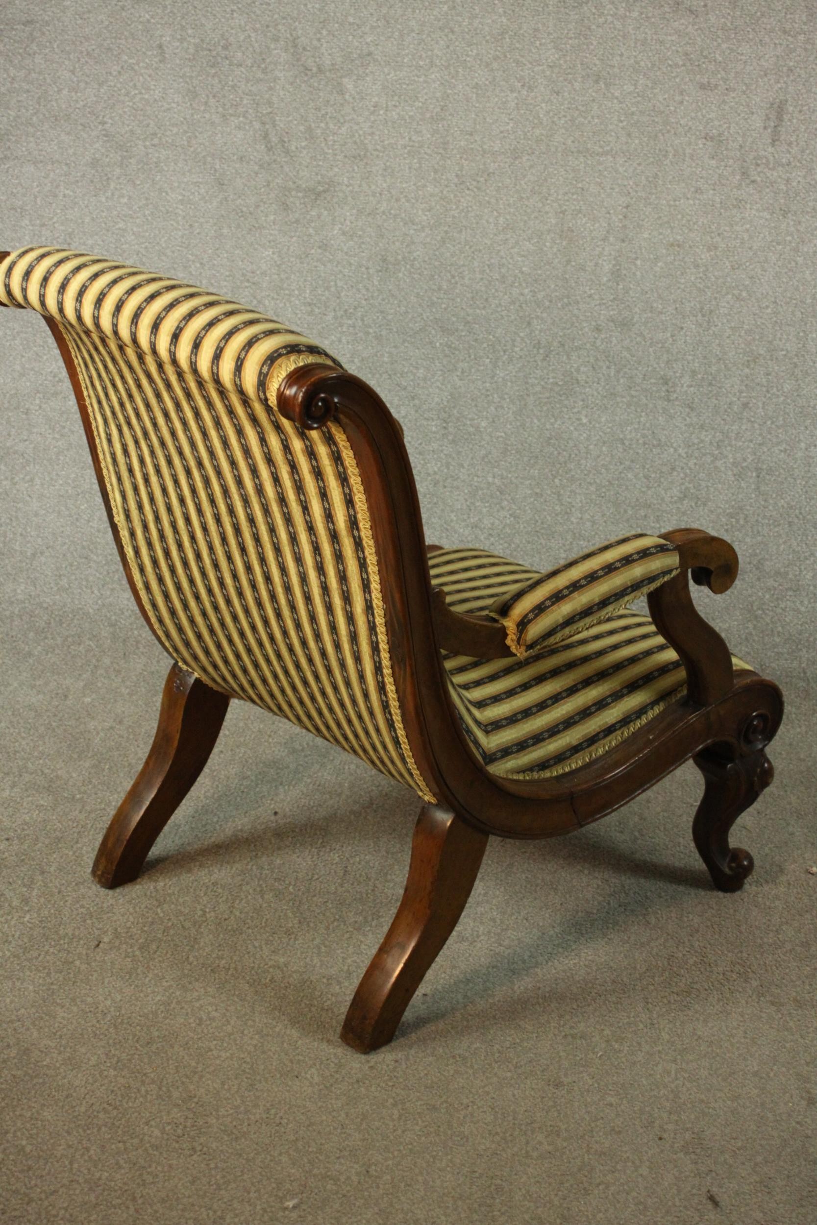 Two similar Victorian walnut slipper chairs, with striped upholstery, one with open arms, on - Image 6 of 21