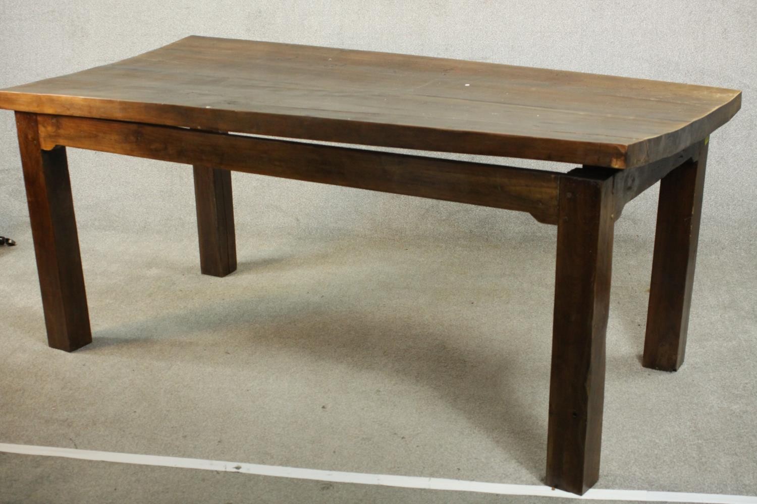 A contemporary hardwood dining table, with a rectangular plank top on square section legs. (badly - Image 3 of 9