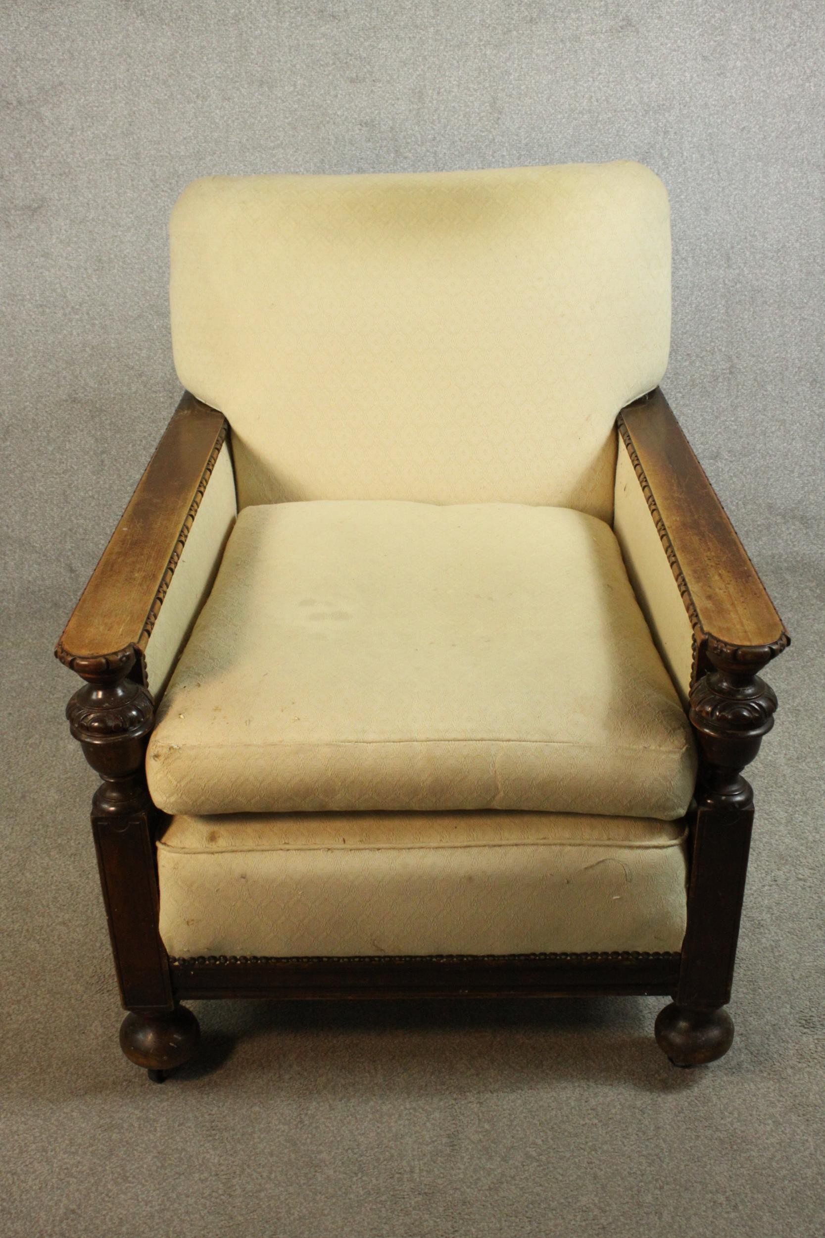 A pair of early 20th century oak armchairs, upholstered in cream fabric, with carved cup and cover - Image 4 of 10