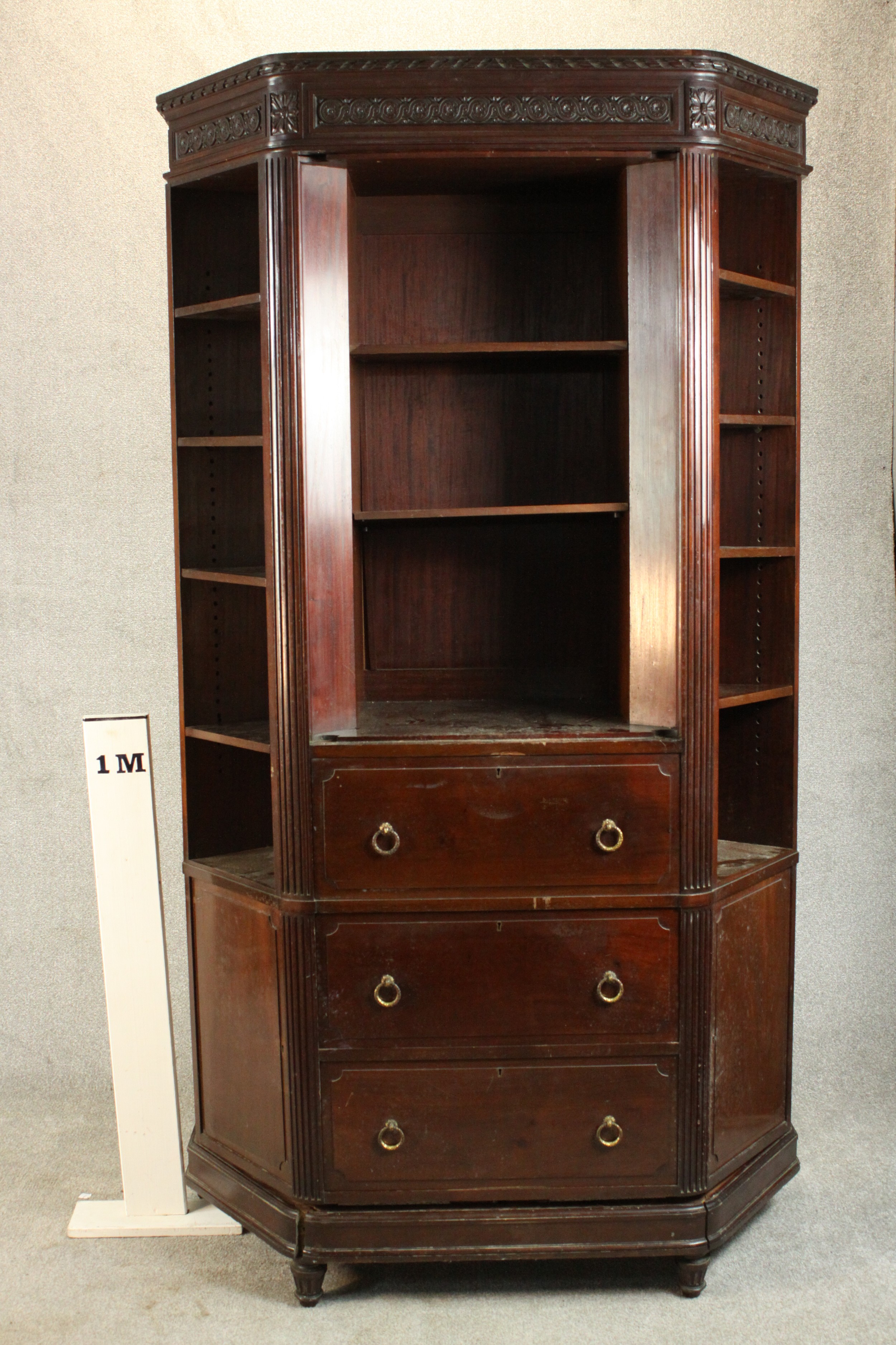 A Continental walnut bookcase with open shelves above drawers on tapering reeded supports. H.210 W. - Image 2 of 9
