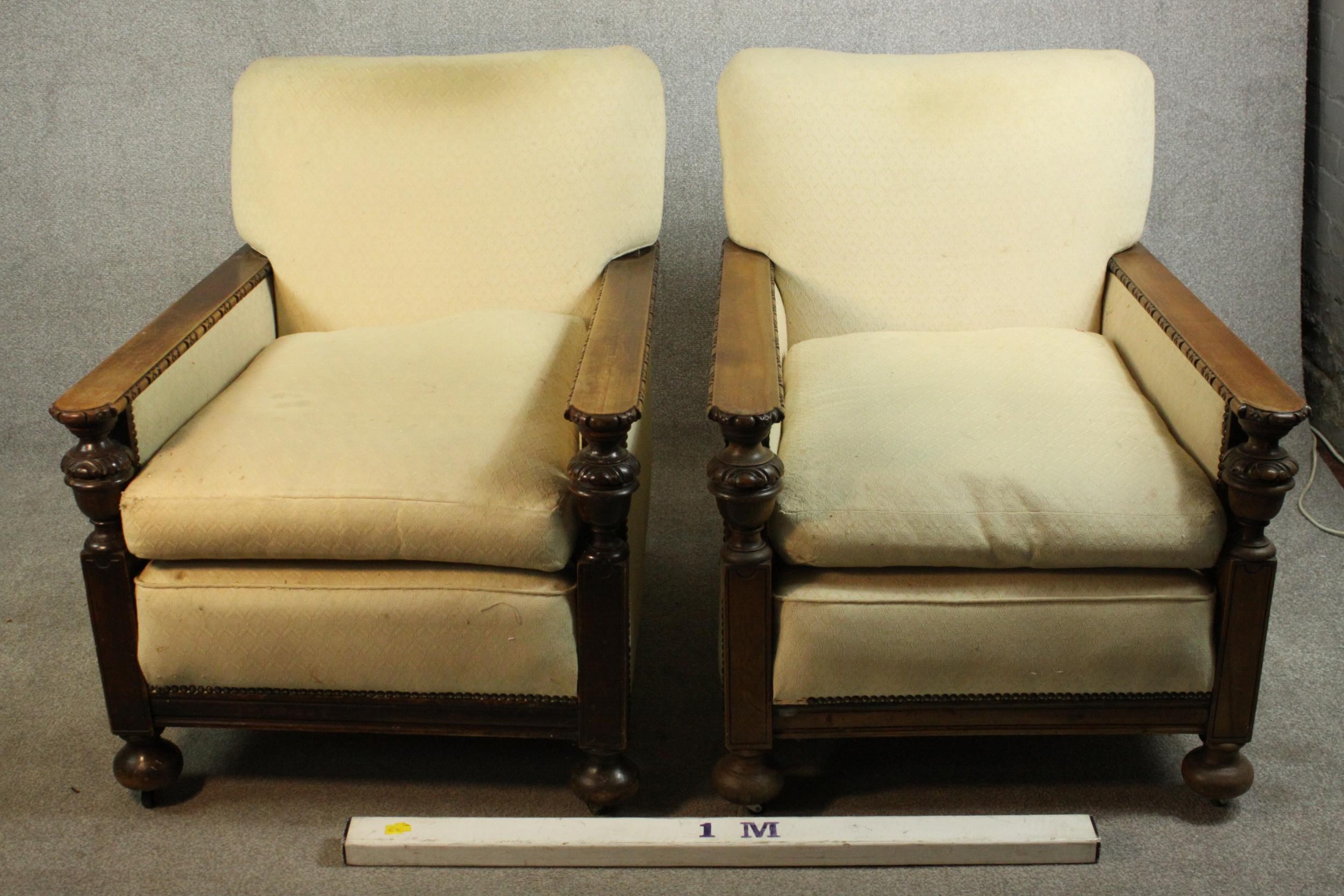 A pair of early 20th century oak armchairs, upholstered in cream fabric, with carved cup and cover - Image 2 of 10