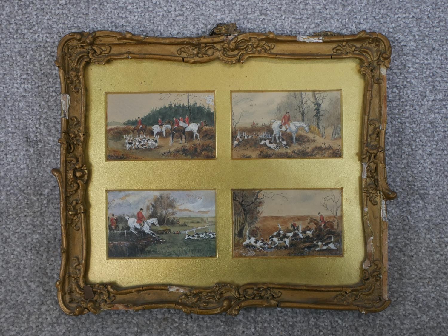 A gilt framed set of four 19th century watercolours of fox hunting scenes, unsigned. H.24 W.28cm - Image 2 of 9