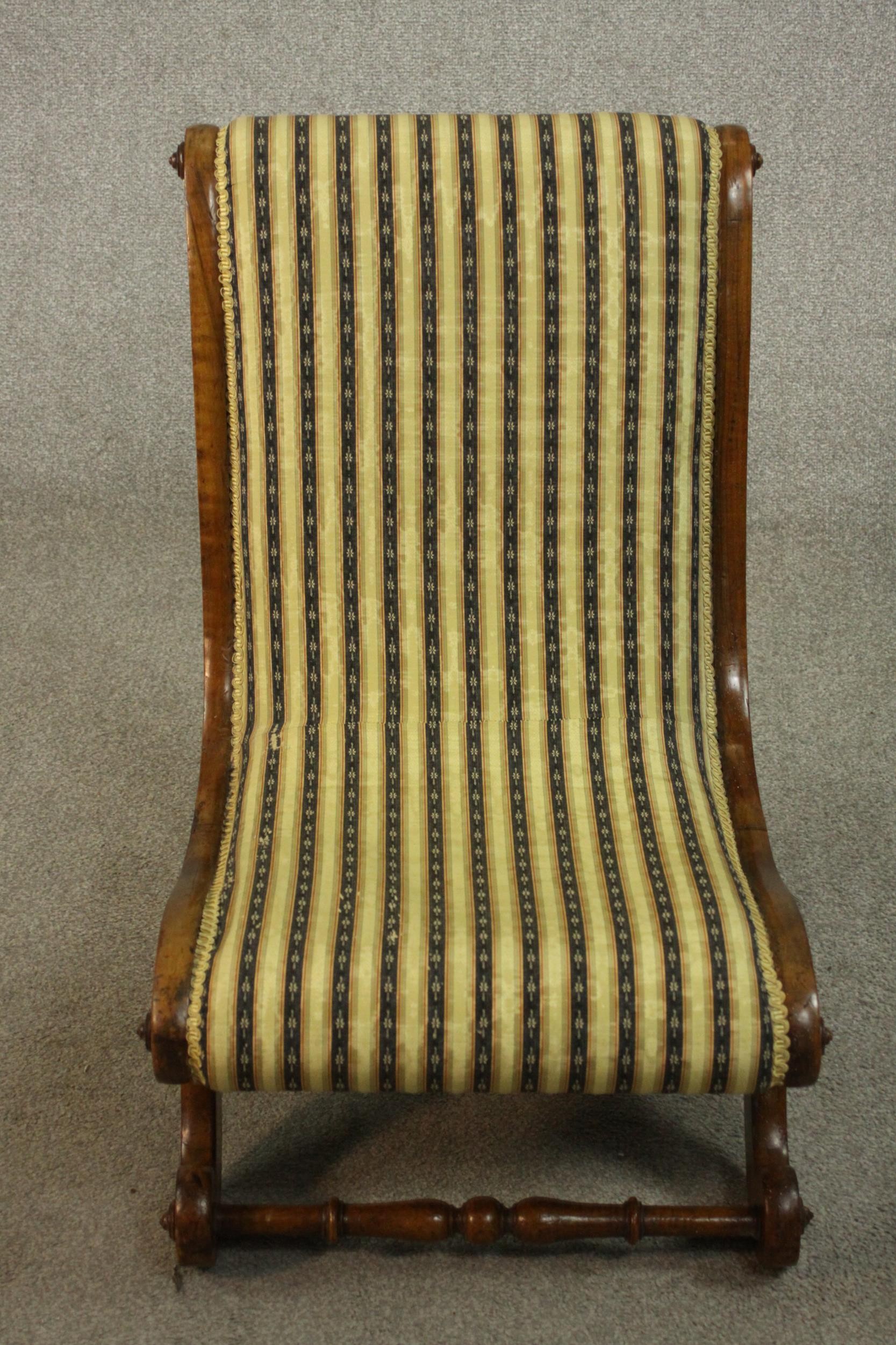 Two similar Victorian walnut slipper chairs, with striped upholstery, one with open arms, on - Image 9 of 21