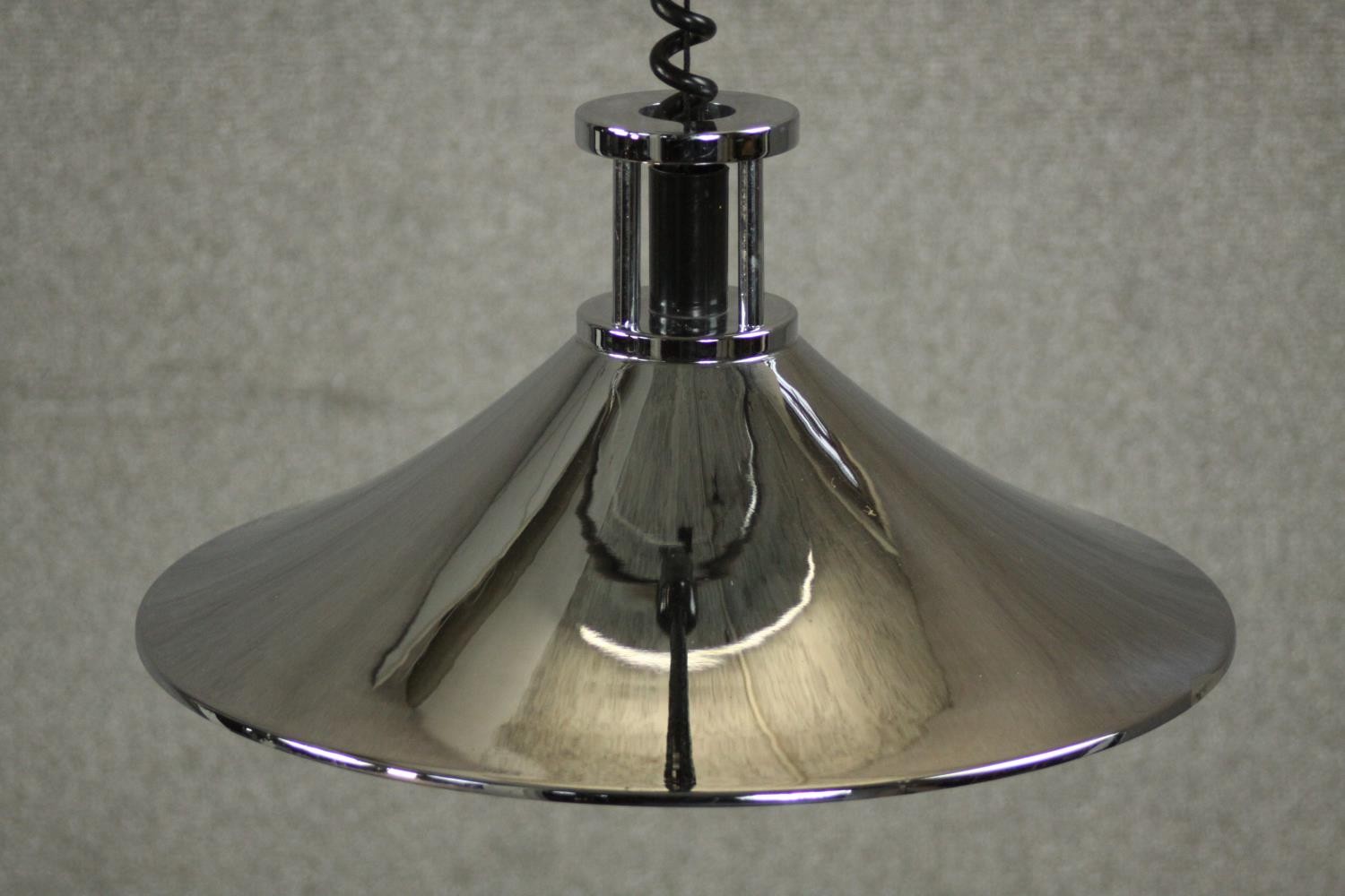 A polished chrome conical ceiling lamp with extendable coiled cable. H.90 Dia.37cm. - Image 6 of 6