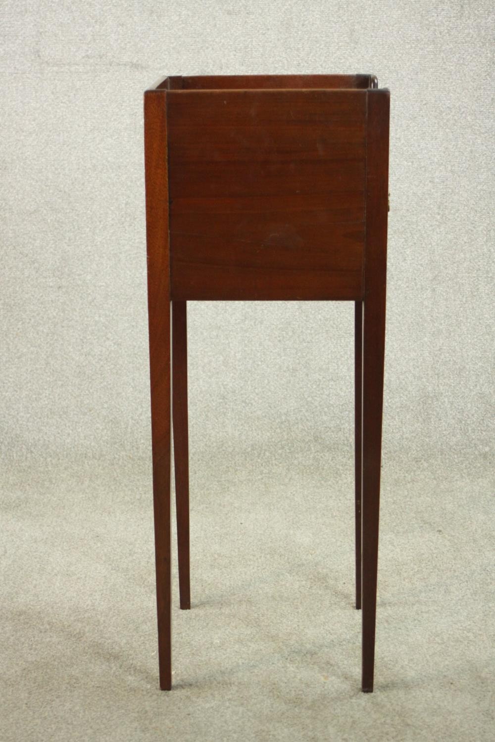 A 19th century mahogany night table, with a gallery top over a cupboard door, on slender tapering - Image 6 of 7