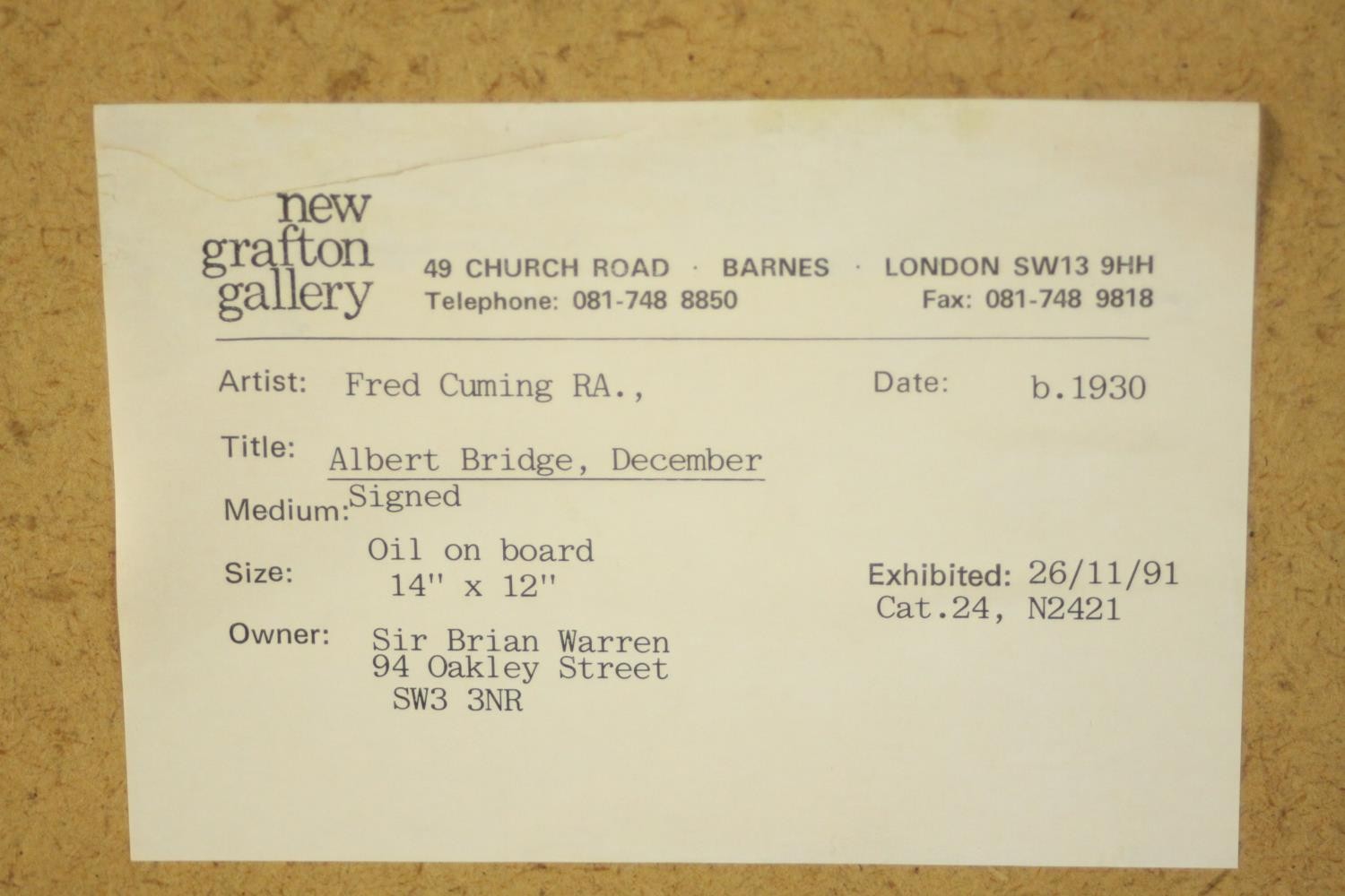 Fred Cuming RA (1930-2022), Albert Bridge December, oil on board, signed lower left, New Grafton - Image 5 of 5