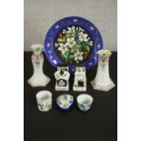 A collection of mixed porcelain, including a hat pin holder and matching candle stick, two three