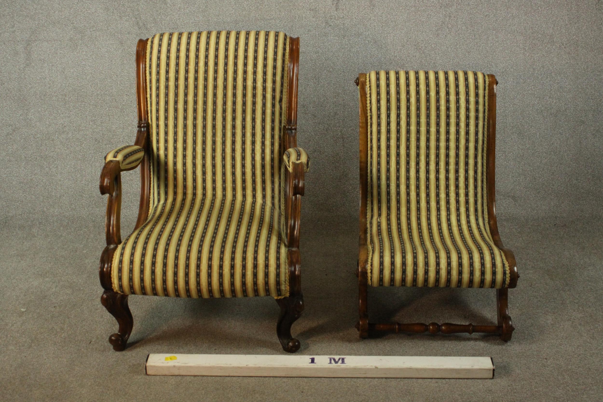 Two similar Victorian walnut slipper chairs, with striped upholstery, one with open arms, on - Image 2 of 21