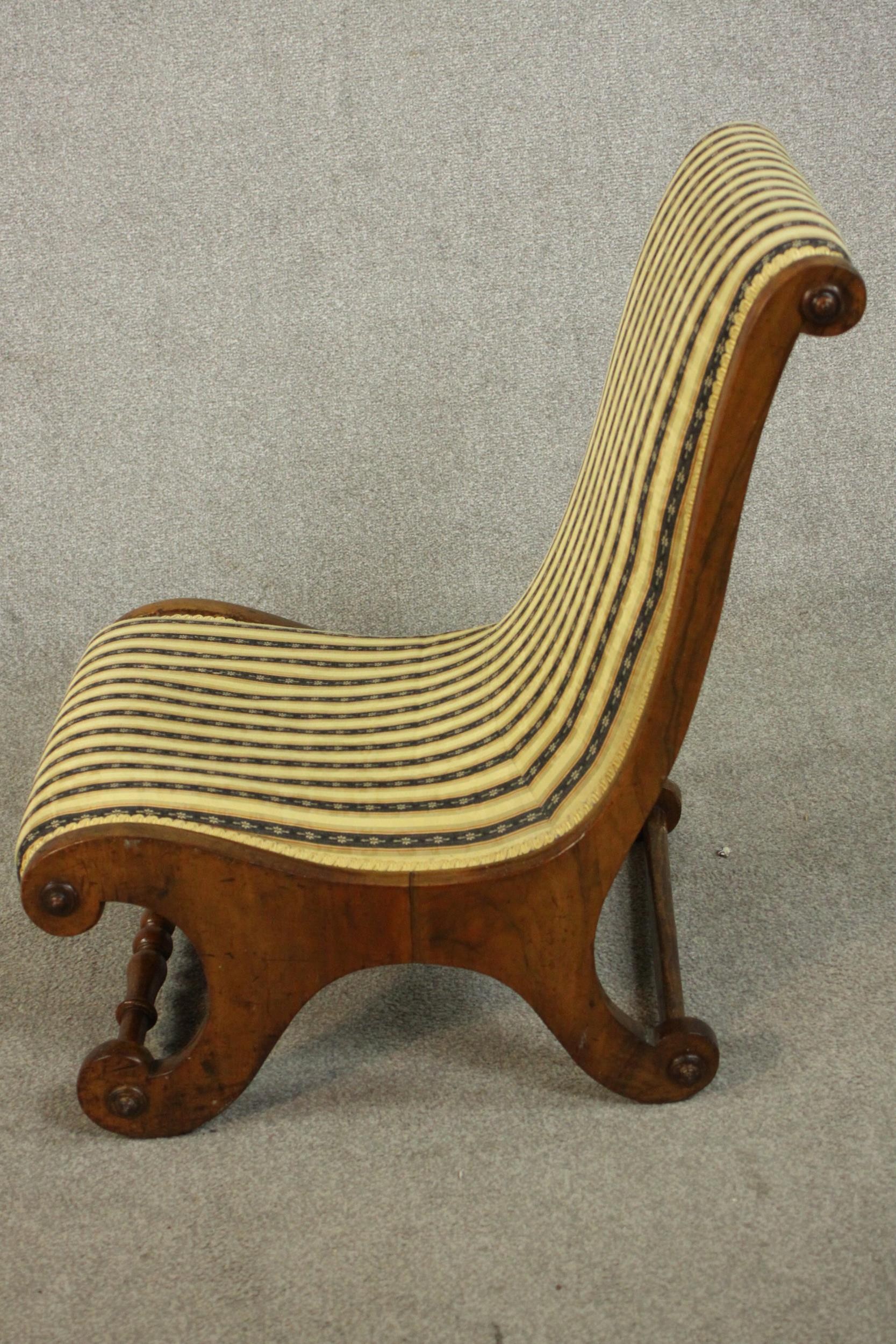 Two similar Victorian walnut slipper chairs, with striped upholstery, one with open arms, on - Image 12 of 21