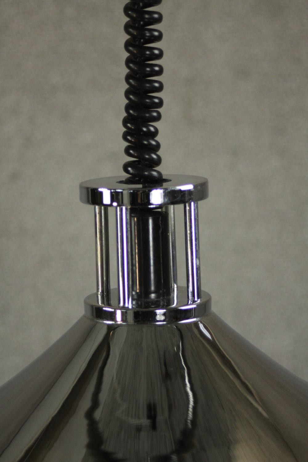 A polished chrome conical ceiling lamp with extendable coiled cable. H.90 Dia.37cm. - Image 4 of 6