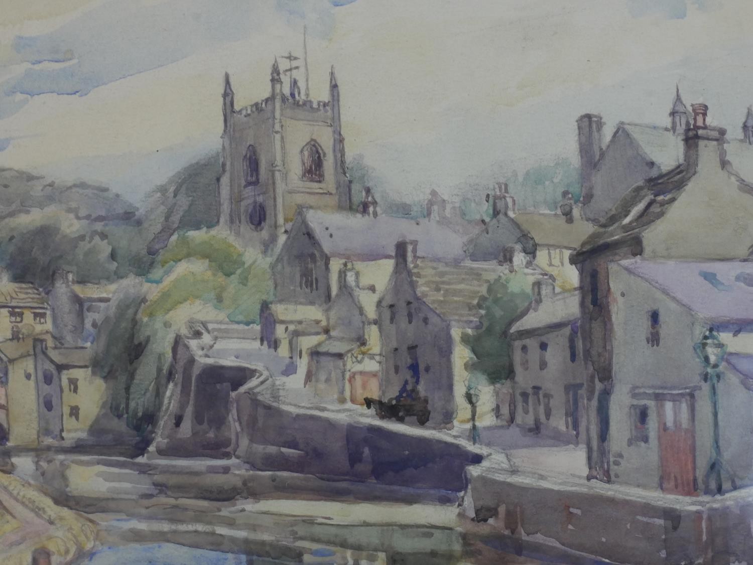 C. D. Pearson (20th century), watercolour on paper of riverside town with barges, signed. H.41 W. - Image 4 of 5
