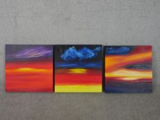 B Keeling (Contemporary), three sunsets, acrylic on box canvas, signed. H.51 W.51cm