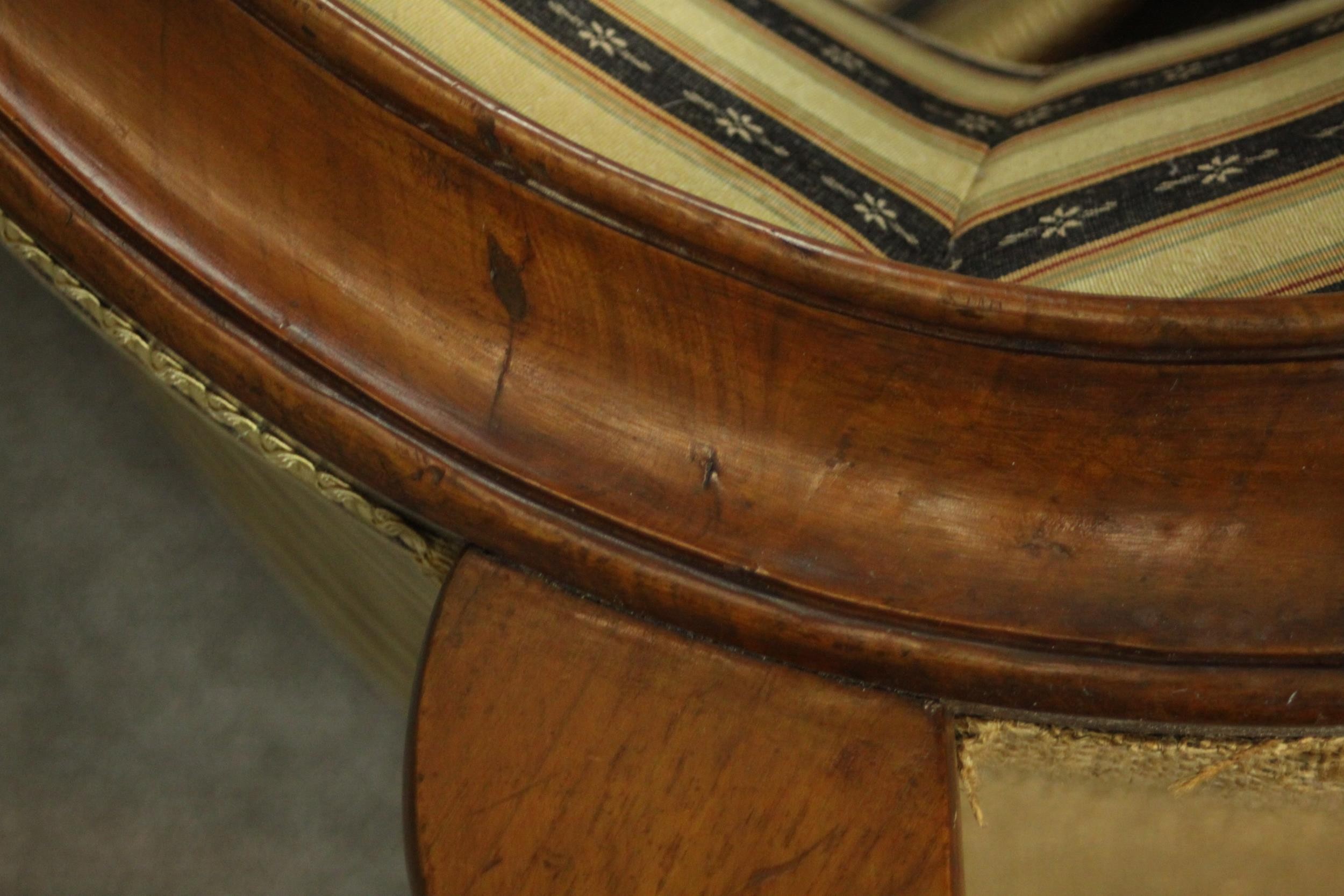 Two similar Victorian walnut slipper chairs, with striped upholstery, one with open arms, on - Image 17 of 21