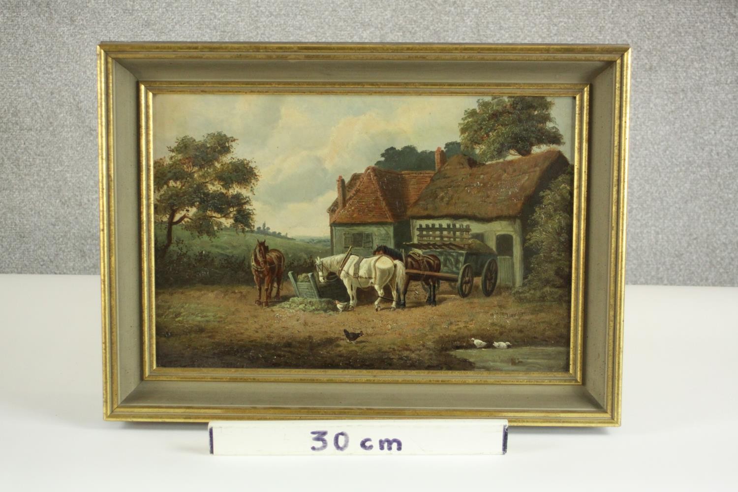A framed 19th century oil on canvas of cart horses with cart and ducks in front of a farmhouse, - Image 3 of 7