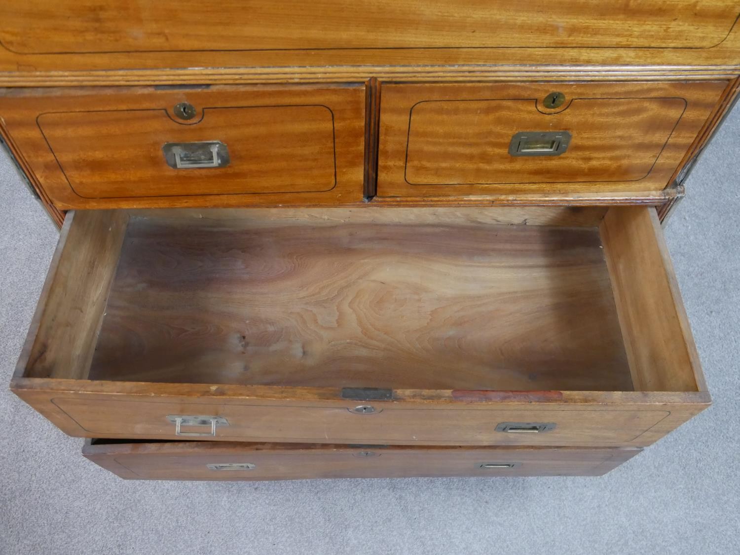 A 19th century camphorwood secretaire campaign chest, in two sections, with a secretaire drawer - Image 4 of 9