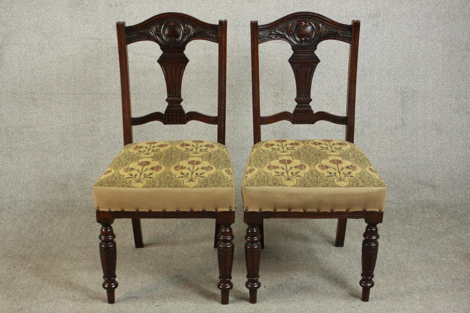 A harlequin set of four late Victorian walnut dining chairs, comprising two pairs of dining chairs - Image 2 of 7