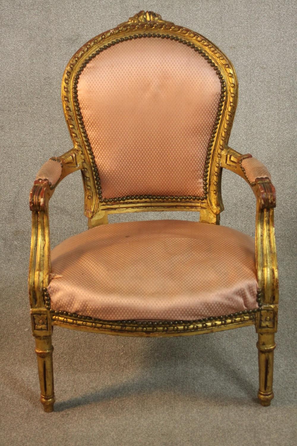 A pair of Louis XVI style giltwood fauteuil armchairs, upholstered in pink fabric to the back, - Image 3 of 12