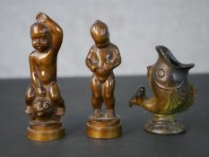 Three Just Andersen style Danish small bronzes, one of a bronze fish with open mouth and the other