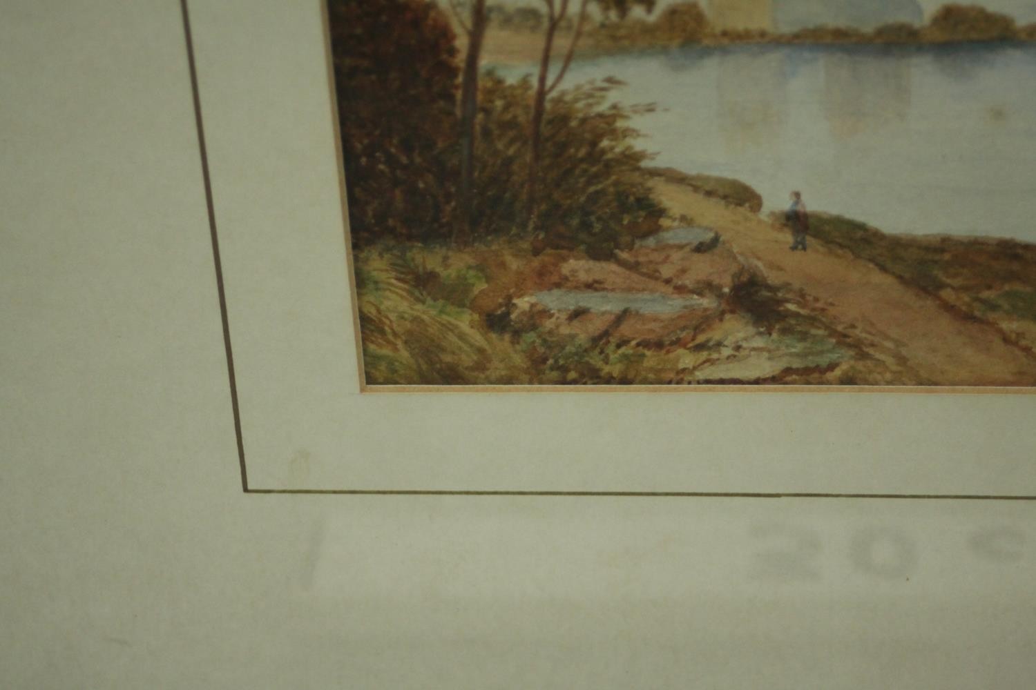A framed and glazed 19th century watercolour of a lake scene with mountains in the distance, - Image 4 of 7