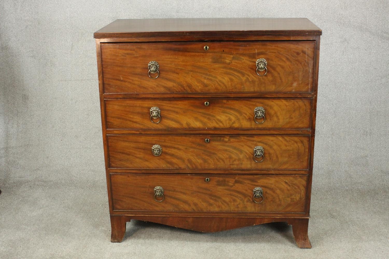 An early 19th century flame mahogany secretaire chest, with a secretaire drawer over three long - Image 3 of 11