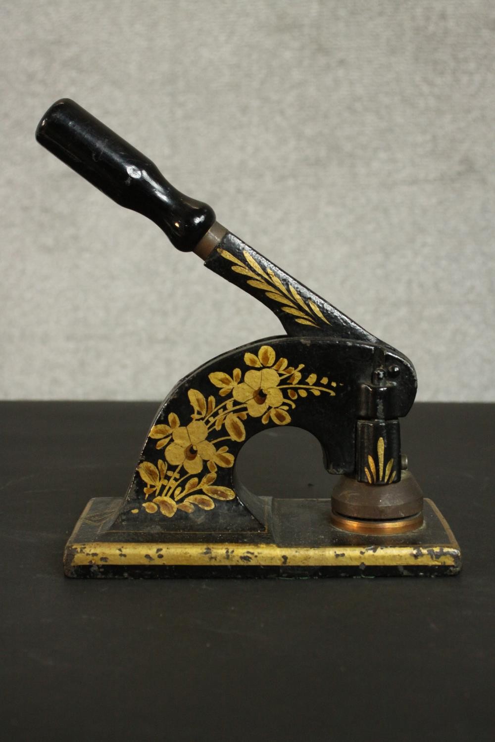 Three Victorian T. H. Marriot gilded iron paper presses, each decorated with a floral and foliate - Image 3 of 6