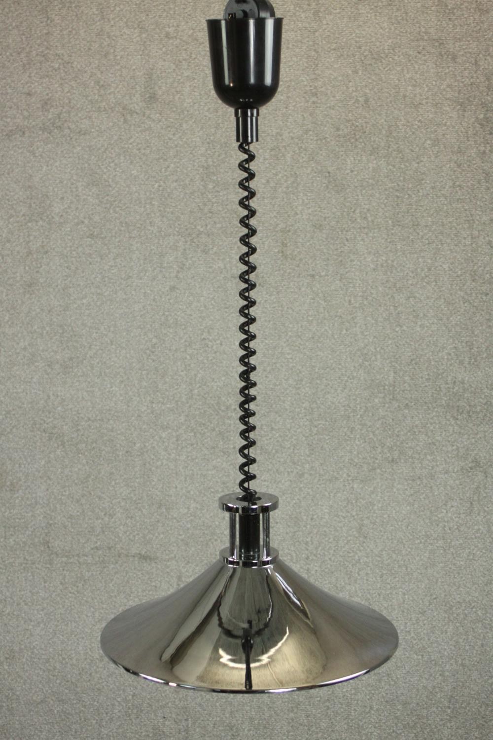 A polished chrome conical ceiling lamp with extendable coiled cable. H.90 Dia.37cm. - Image 5 of 6