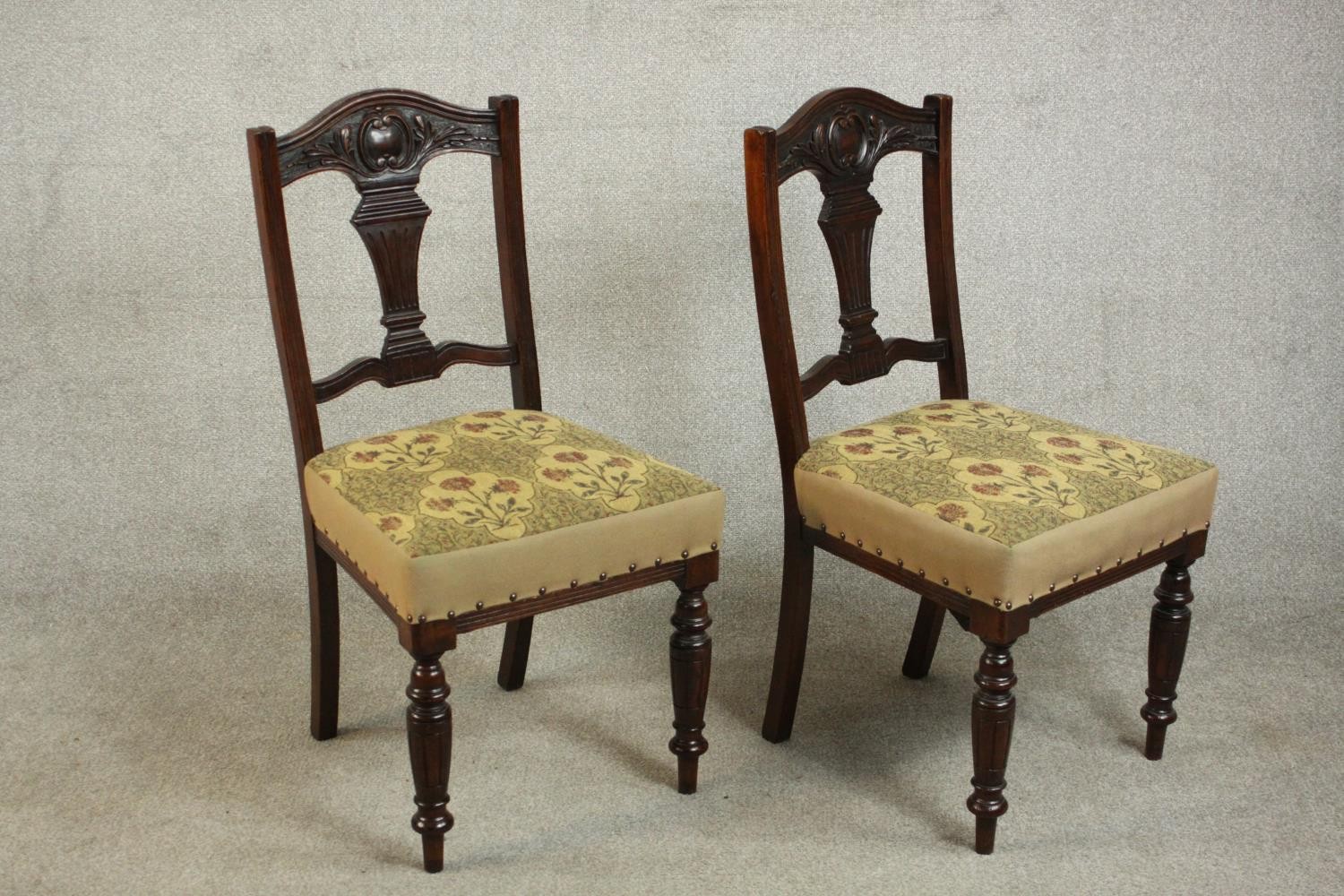 A harlequin set of four late Victorian walnut dining chairs, comprising two pairs of dining chairs - Image 3 of 7