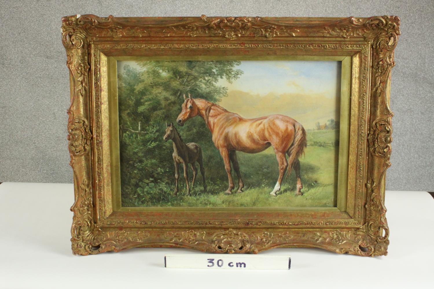 A gilt framed 19th century watercolour of a mare and foal, unsigned. H.58 W.78cm. - Image 3 of 7