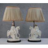 A pair of vintage Staffordshire pottery Scottish nobleman table lights with cream silk pleated