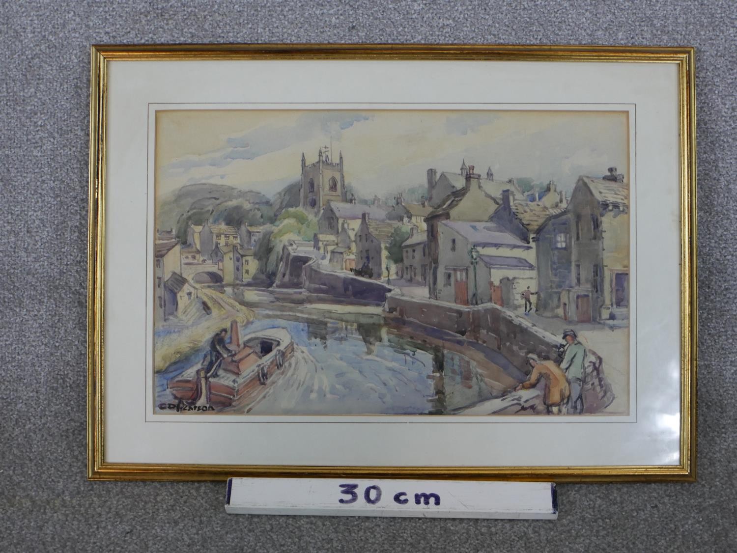 C. D. Pearson (20th century), watercolour on paper of riverside town with barges, signed. H.41 W. - Image 3 of 5