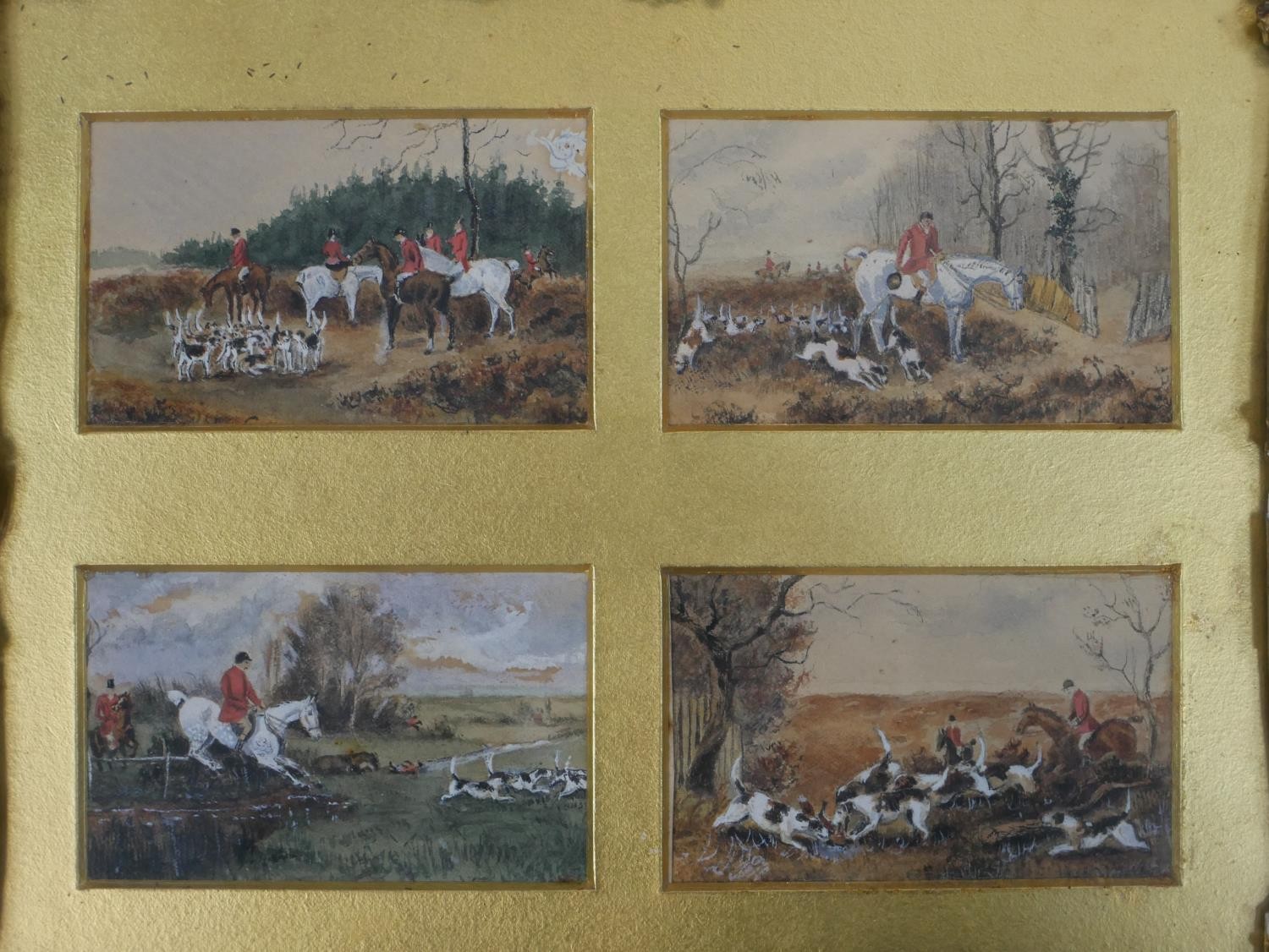 A gilt framed set of four 19th century watercolours of fox hunting scenes, unsigned. H.24 W.28cm