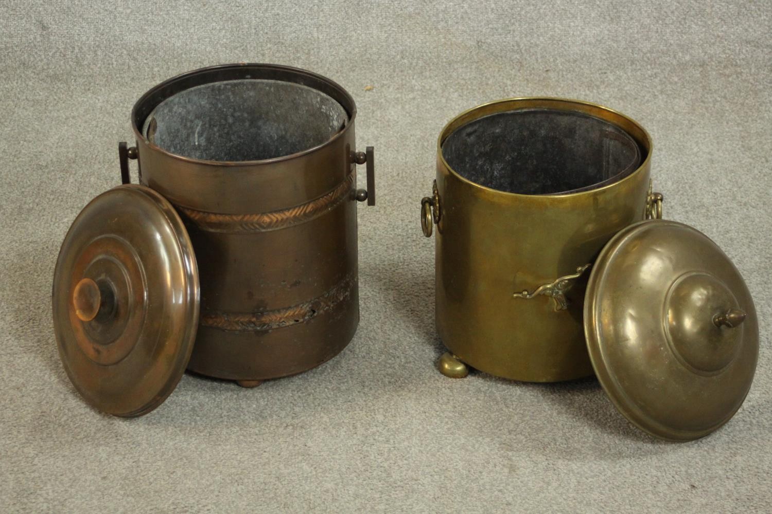 A brass coal bucket and a copper coal bucket, both of cylindrical form with a lid and two handles. - Image 3 of 6