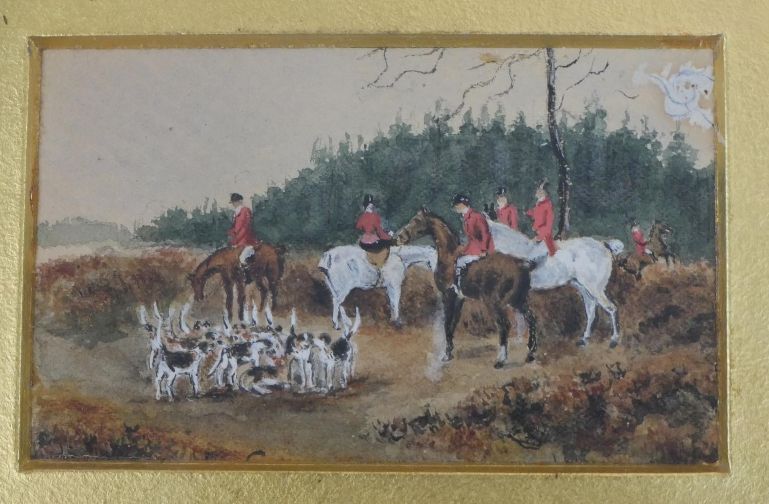 A gilt framed set of four 19th century watercolours of fox hunting scenes, unsigned. H.24 W.28cm - Image 4 of 9
