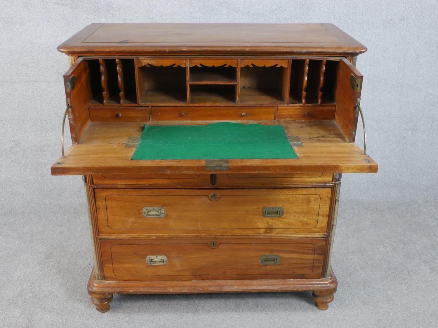 A 19th century camphorwood secretaire campaign chest, in two sections, with a secretaire drawer - Image 5 of 9