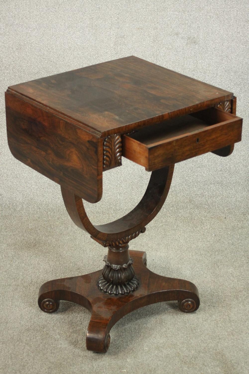 A William IV rosewood drop leaf work table, with a single drawer flanked by applied palm leaves, - Image 4 of 11