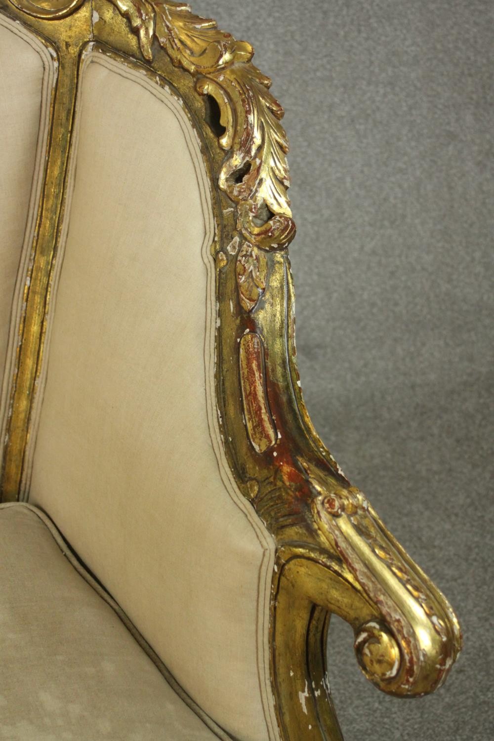 A pair of Louis XV style carved giltwood armchairs, 20th century, upholstered in beige fabric, - Image 9 of 10