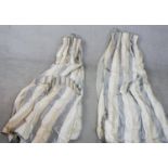 A pair of fully lined heavy striped cream, white and grey silk/cotton mix curtains, ruched and