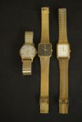 Three Gentleman's vintage watches, a Seconda quartz black faced gold tone watch with woven design