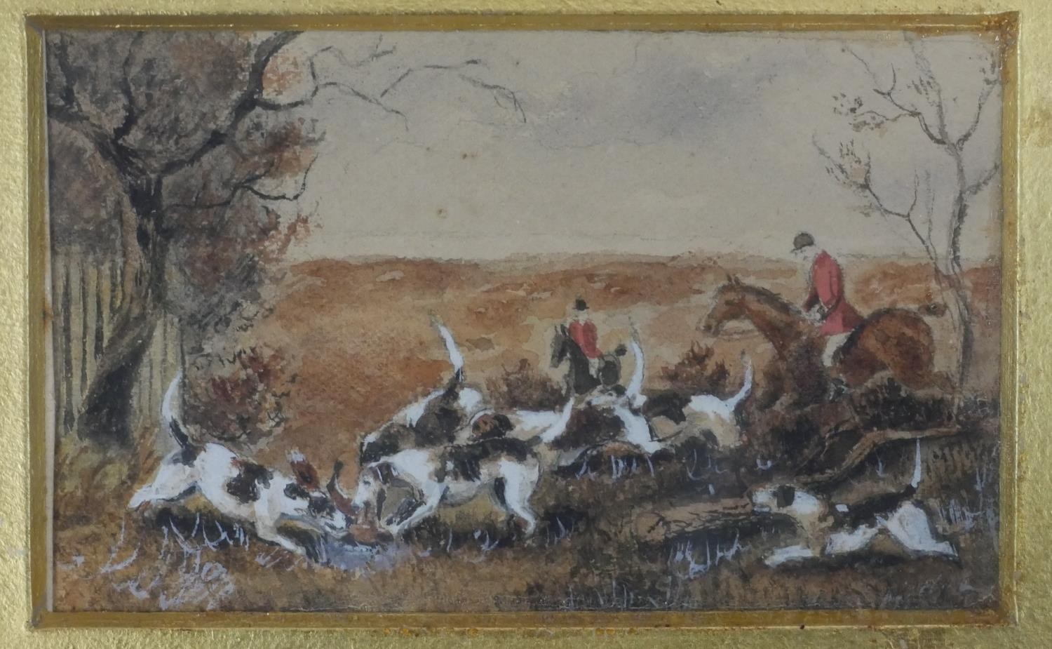 A gilt framed set of four 19th century watercolours of fox hunting scenes, unsigned. H.24 W.28cm - Image 7 of 9