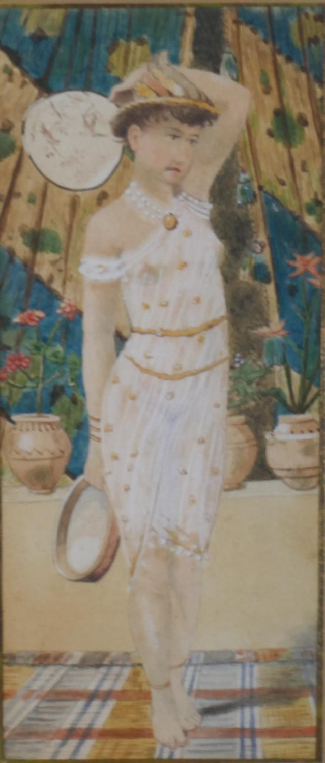 A framed and glazed watercolour of a female figure in white dress with tambourine, unsigned. H.36