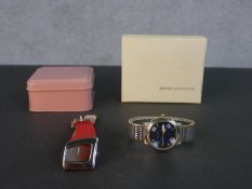 A boxed Rocha.John Rocha travel clock, a boxed pink leather cased Roger Lascelles travel clock, a